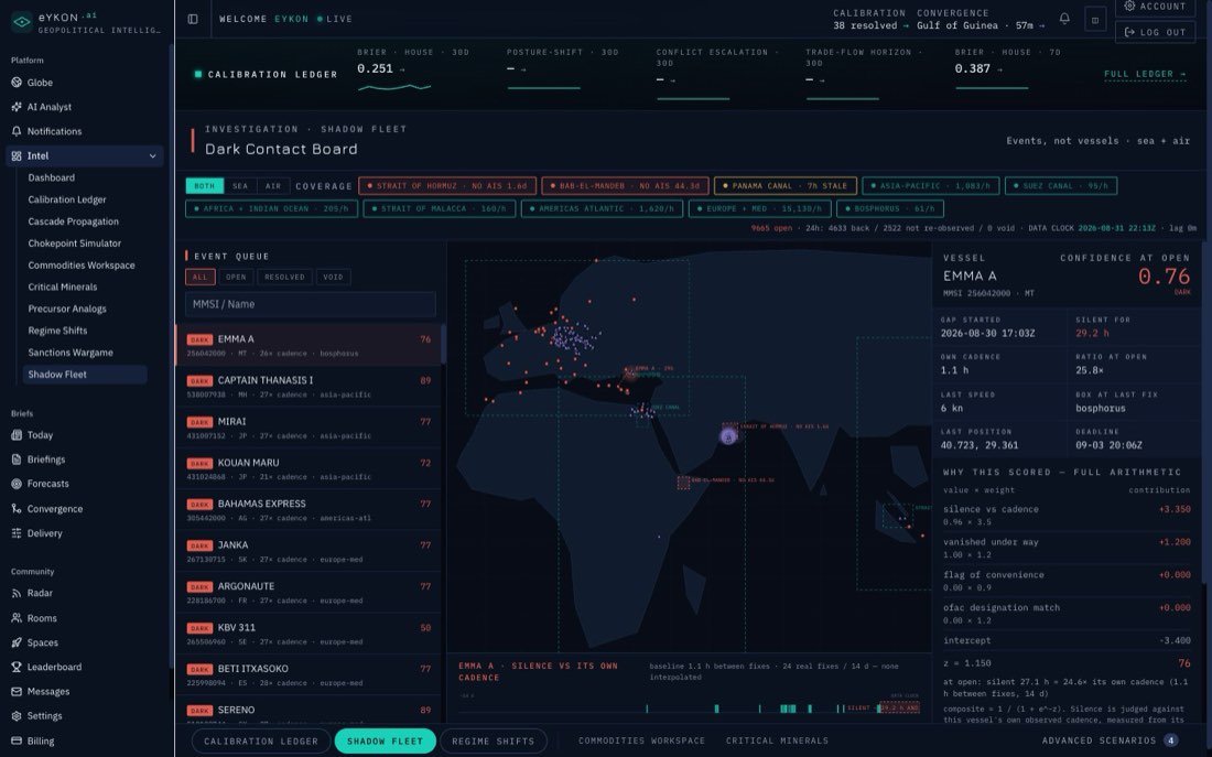 The Shadow Fleet board listing ranked vessel leads with composite scores.